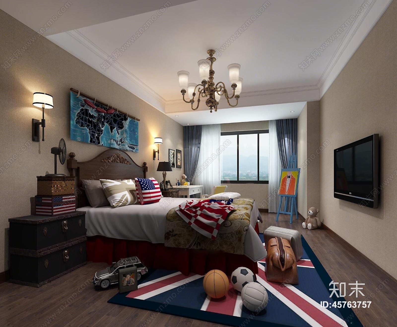 简欧男孩房卧室空间3D模型下载【ID:45763757】