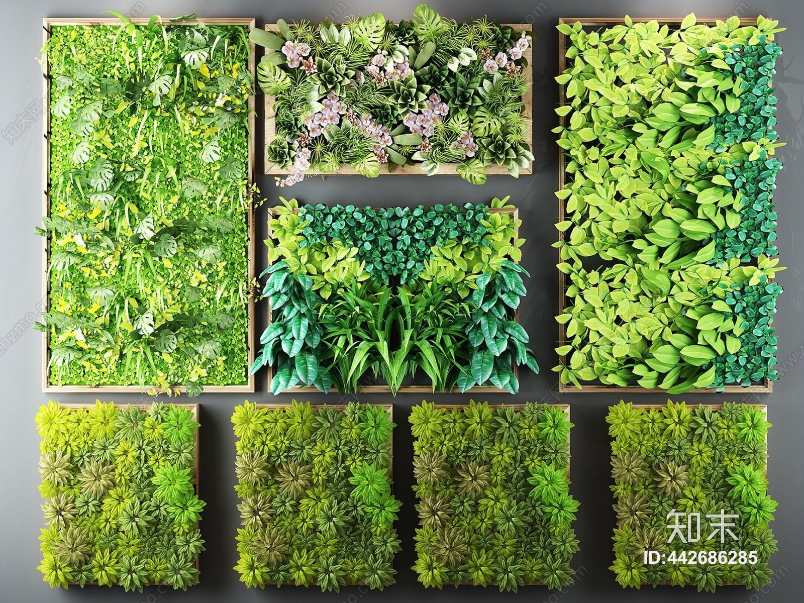 北欧绿植多肉画框挂画植物墙组合3D模型下载【ID:442686285】
