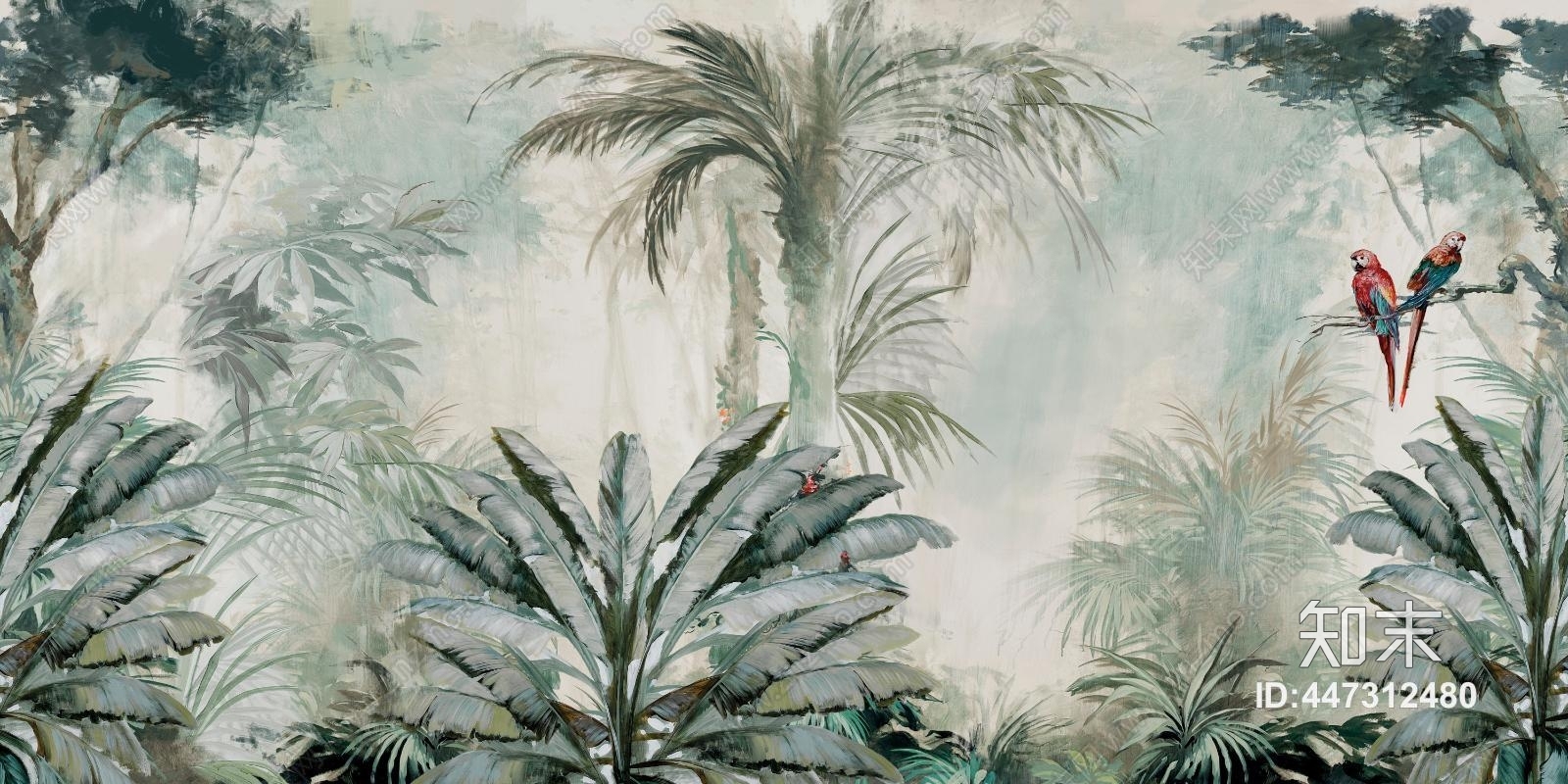 田园清新森林绿色植物小鸟装饰壁纸壁画贴图下载【ID:447312480】