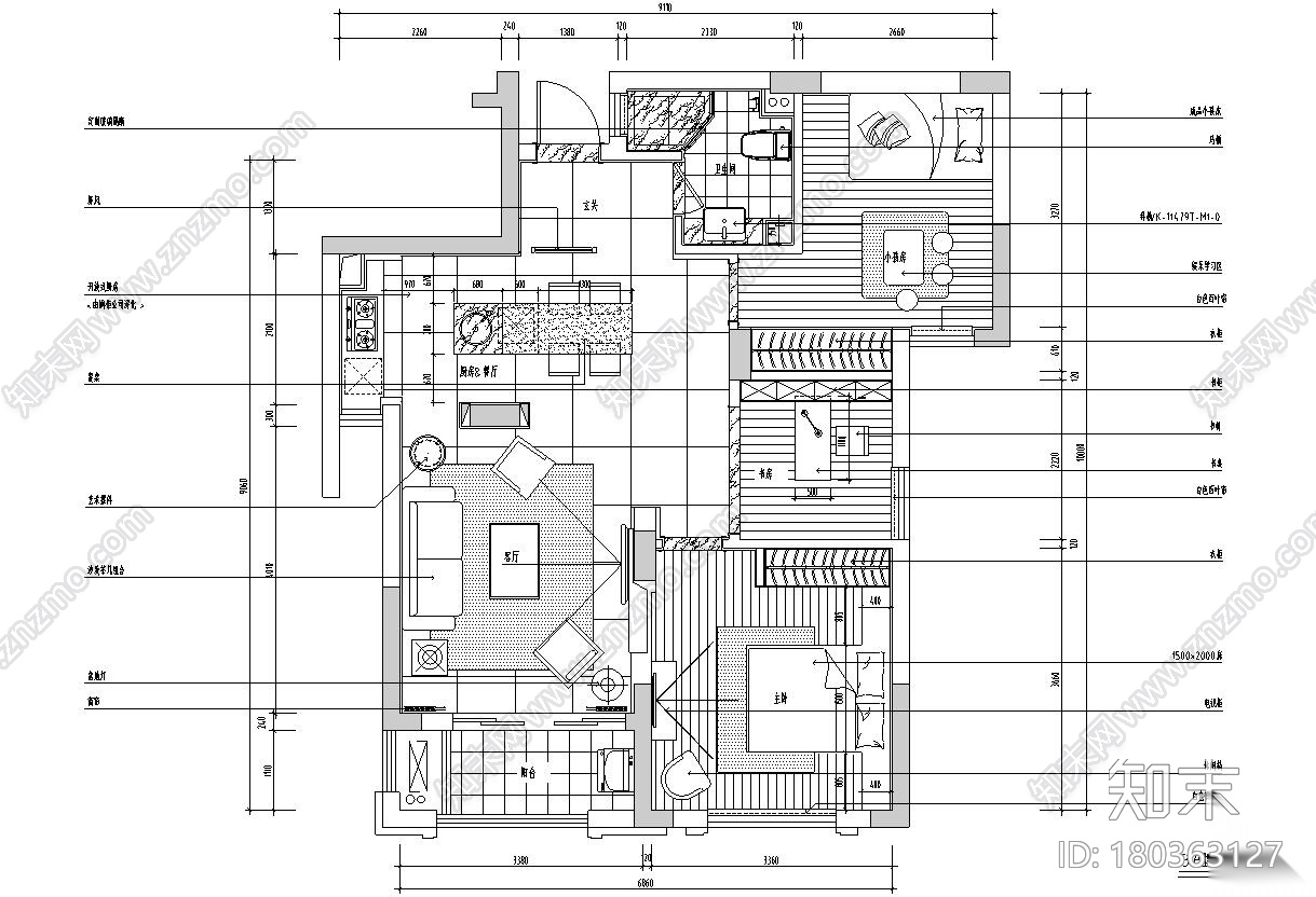 现代简约80㎡二居室住宅装修施工图设计施工图下载【ID:180363127】