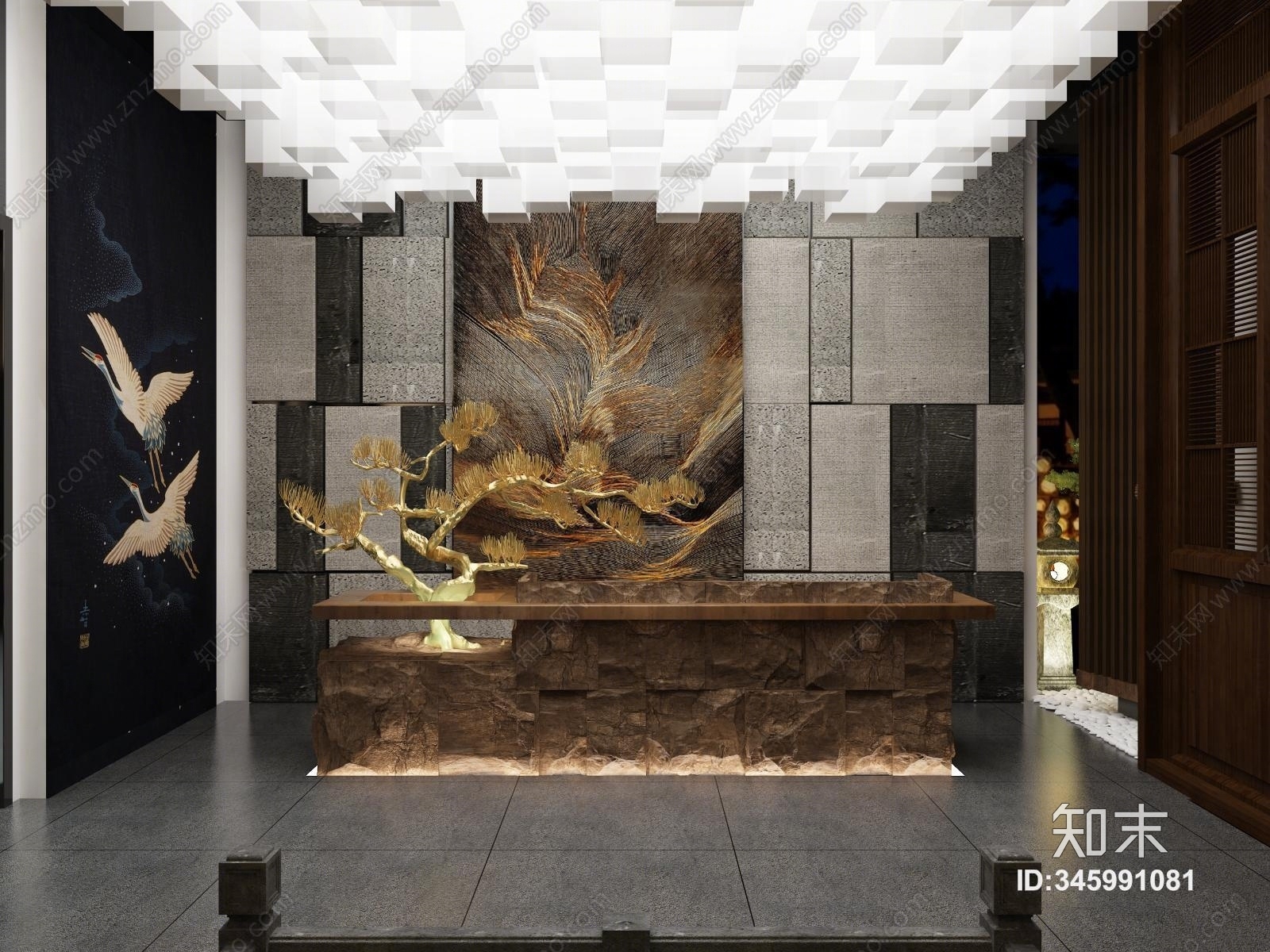 日式大厅背景墙吊灯前台3D模型下载【ID:345991081】