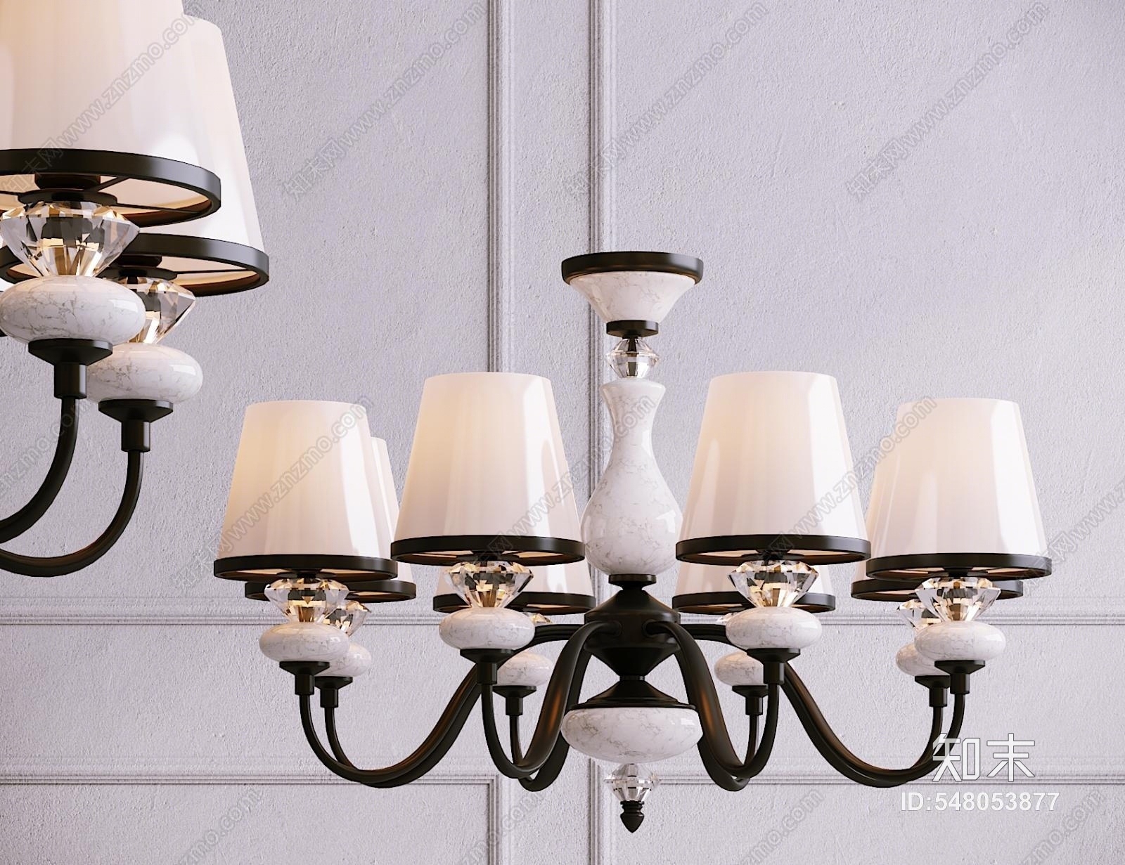 现代金属玻璃灯罩多头吊灯3D模型下载【ID:548053877】
