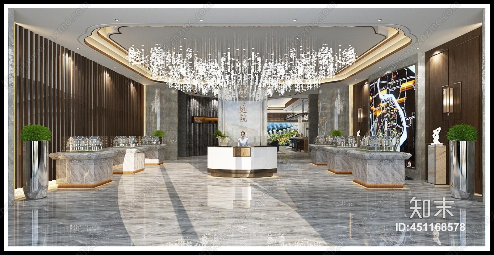 现代新中式风格售楼部休息区沙盘椅子沙发水晶吊灯植物模型3D模型下载【ID:451168578】