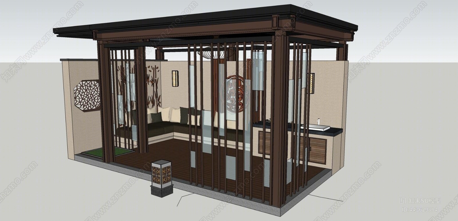 新中式防腐木凉亭SU模型下载【ID:443629804】