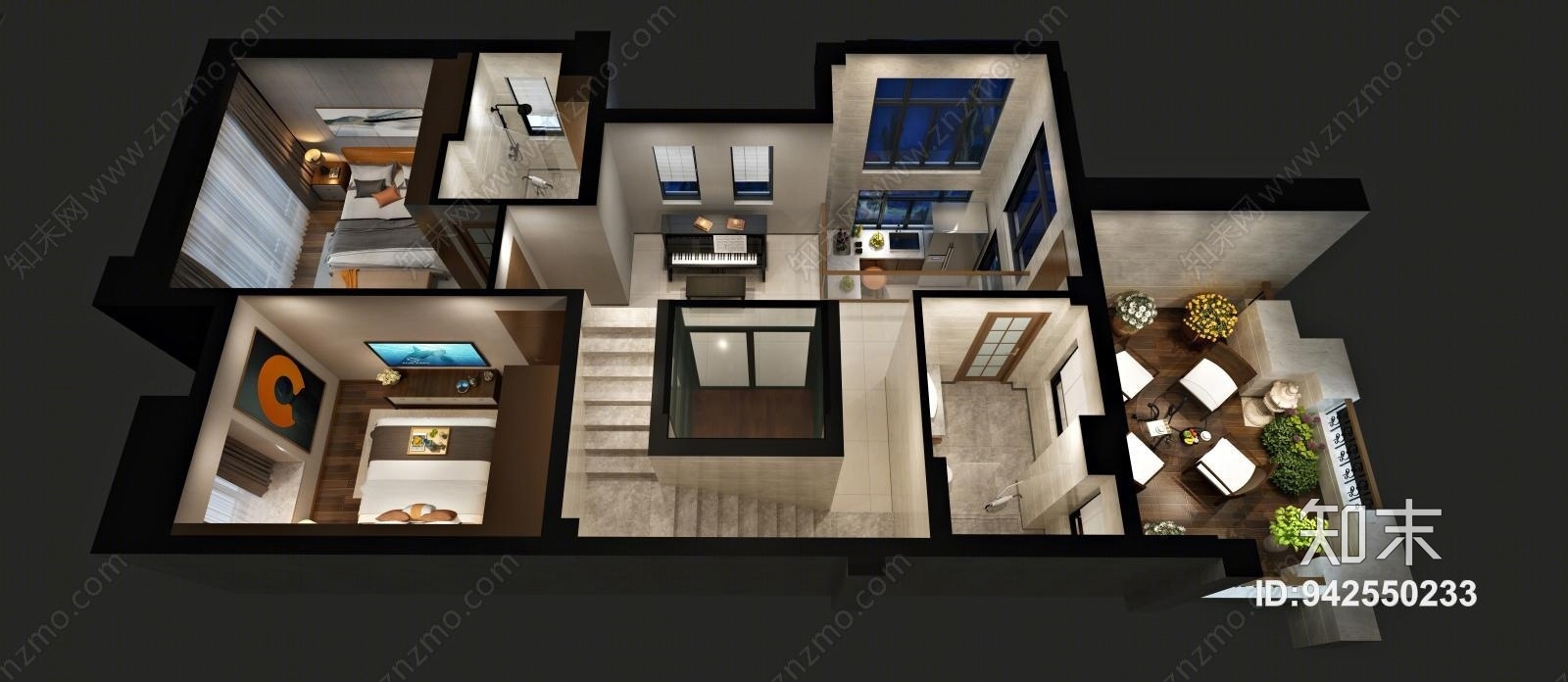 现代别墅鸟瞰图3D模型下载【ID:942550233】