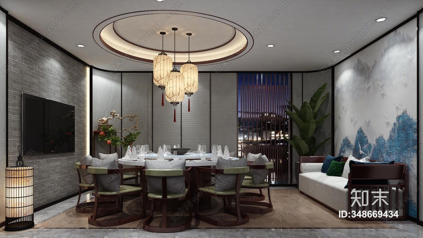 中式餐饮包房餐桌椅背景墙3D模型下载【ID:348669434】