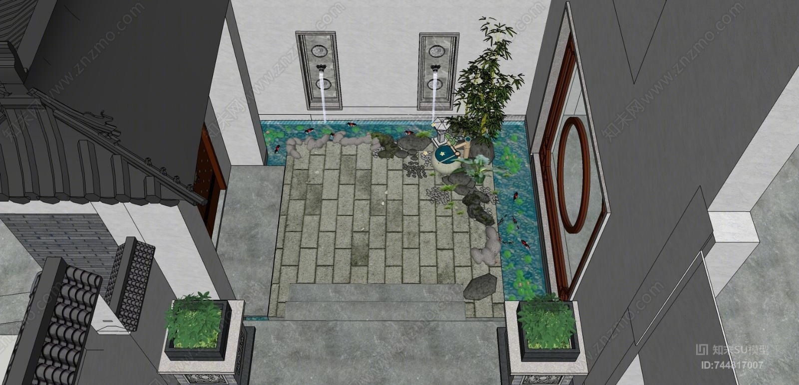 中式别墅花园SU模型下载【ID:744817007】