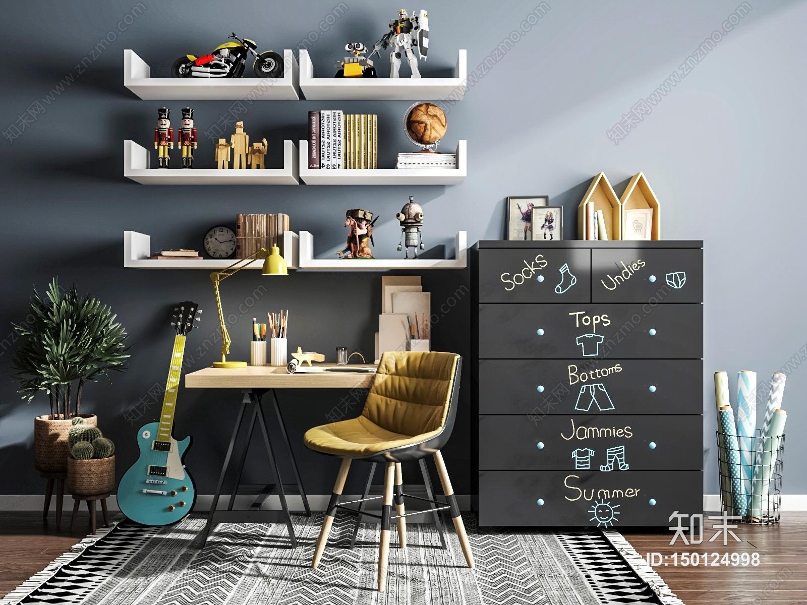 现代儿童房书桌椅3D模型下载【ID:150124998】