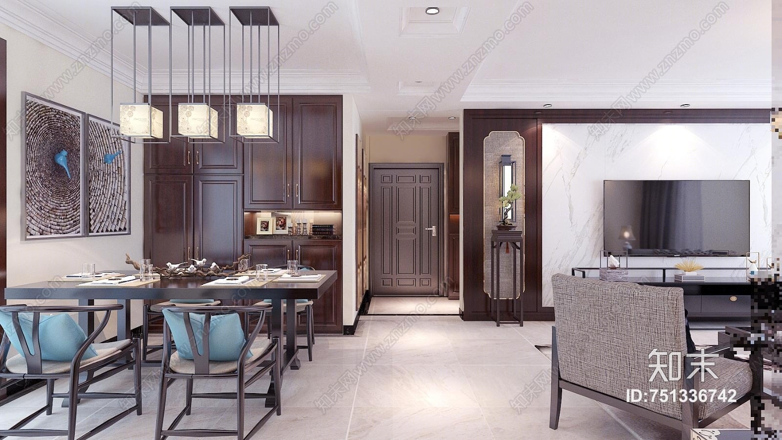 中式简约客餐厅3D模型下载【ID:751336742】