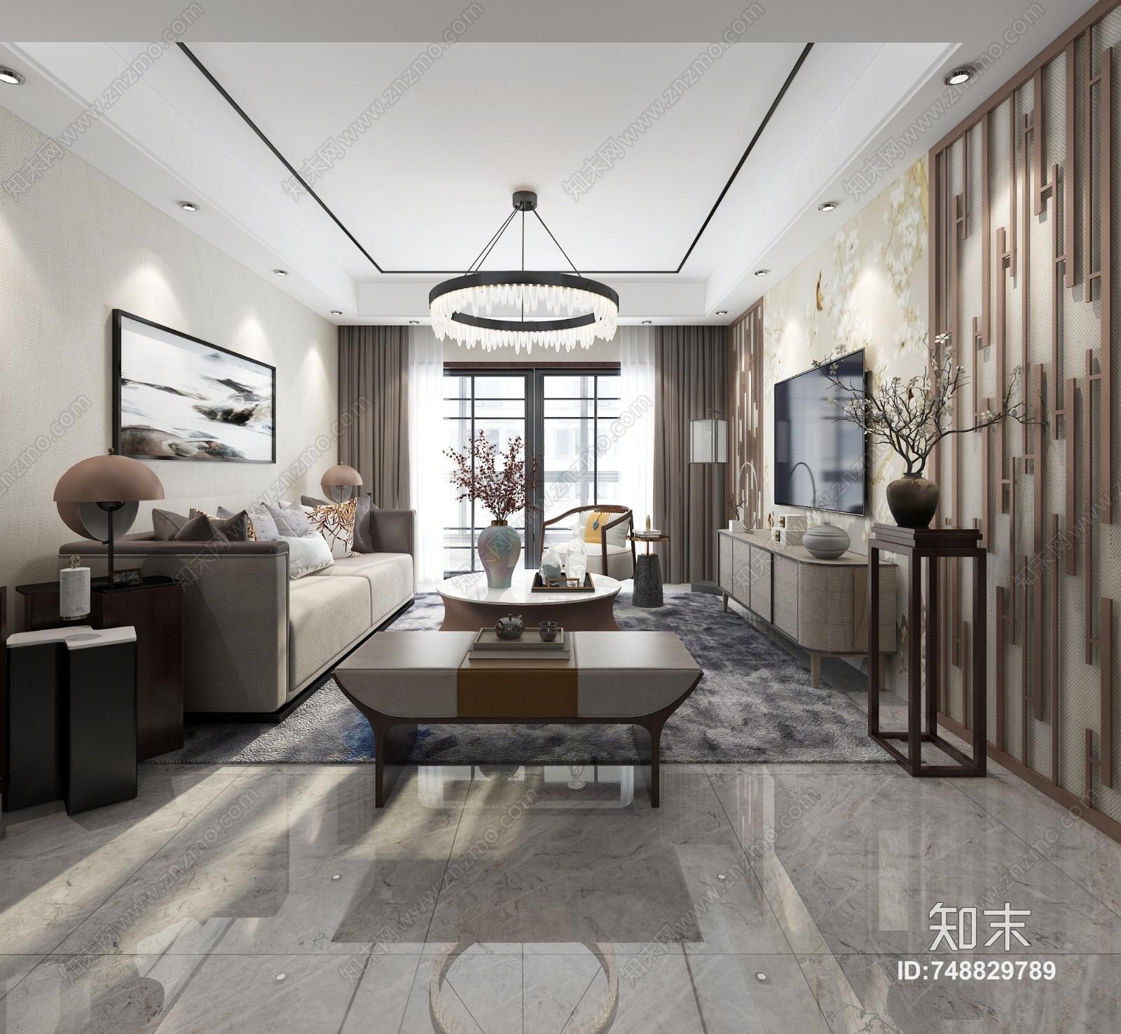 新中式客餐厅轻奢装饰墙饰柜子3D模型下载【ID:748829789】