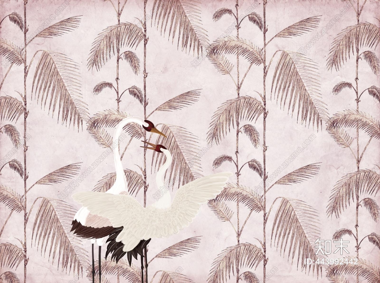 中式简约淡紫色植物仙鹤装饰壁纸壁画贴图下载【ID:443992442】