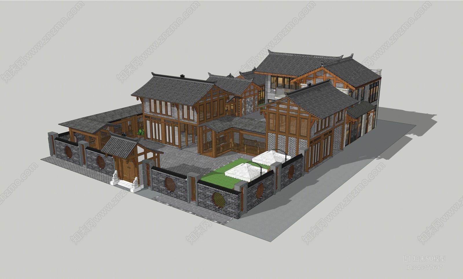 中式四合院建筑SU模型下载【ID:848377697】