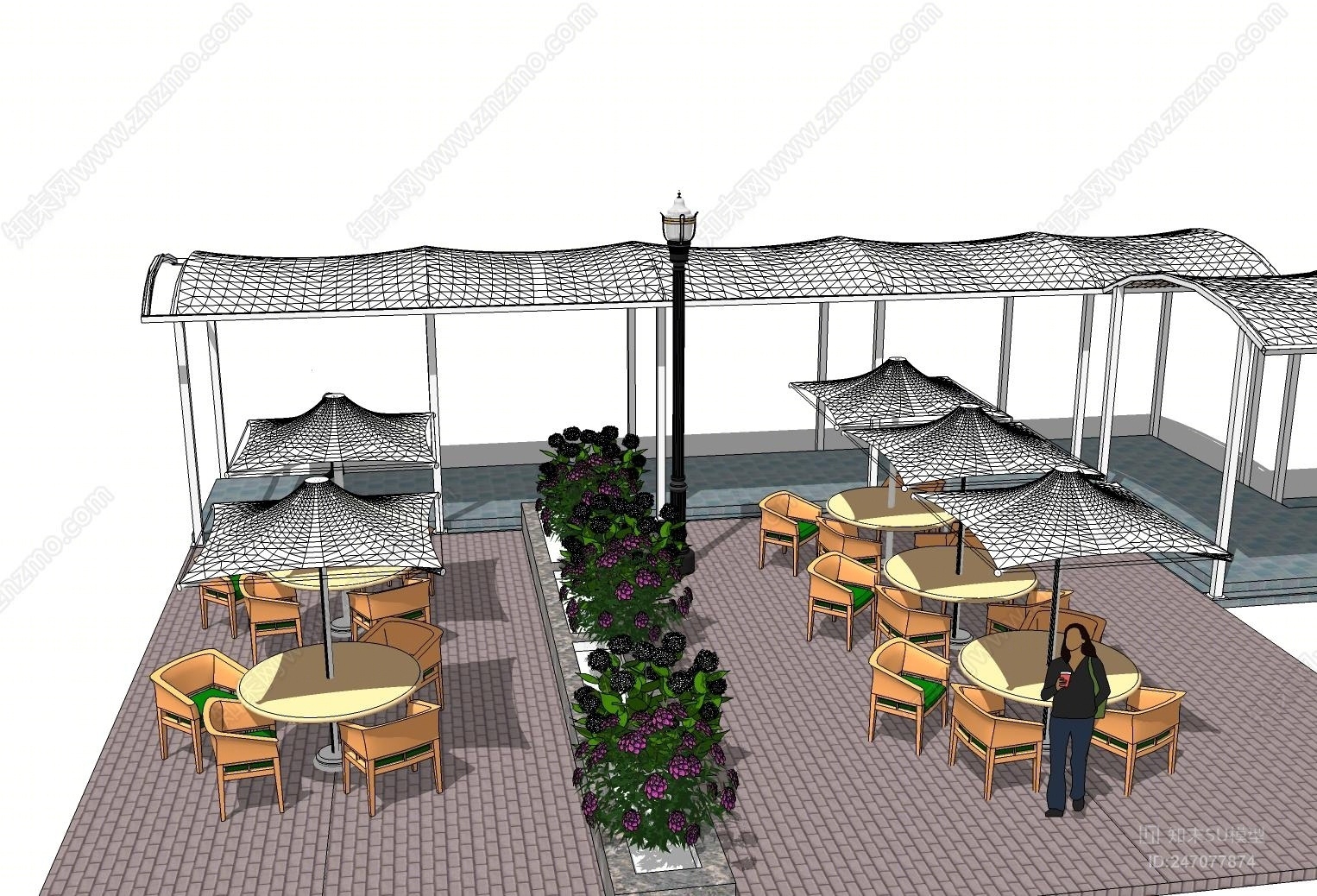现代户外阳伞桌椅组合SU模型下载【ID:247077874】