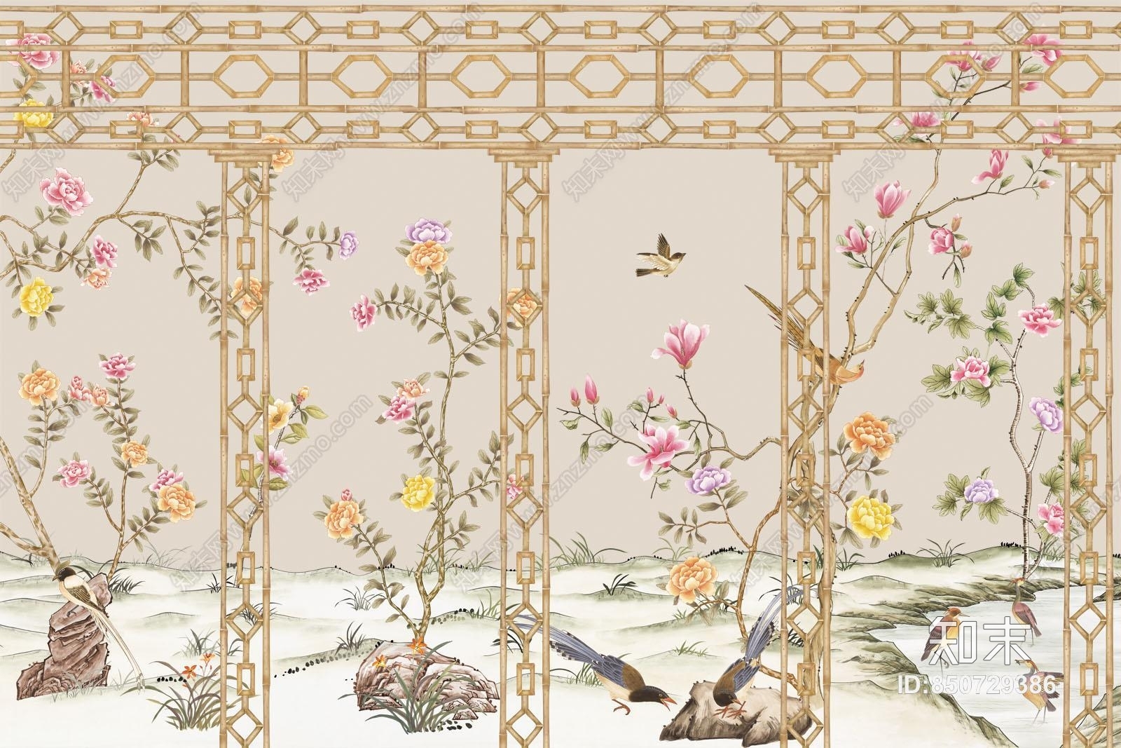 新中式花壁纸贴图贴图下载【ID:850729386】