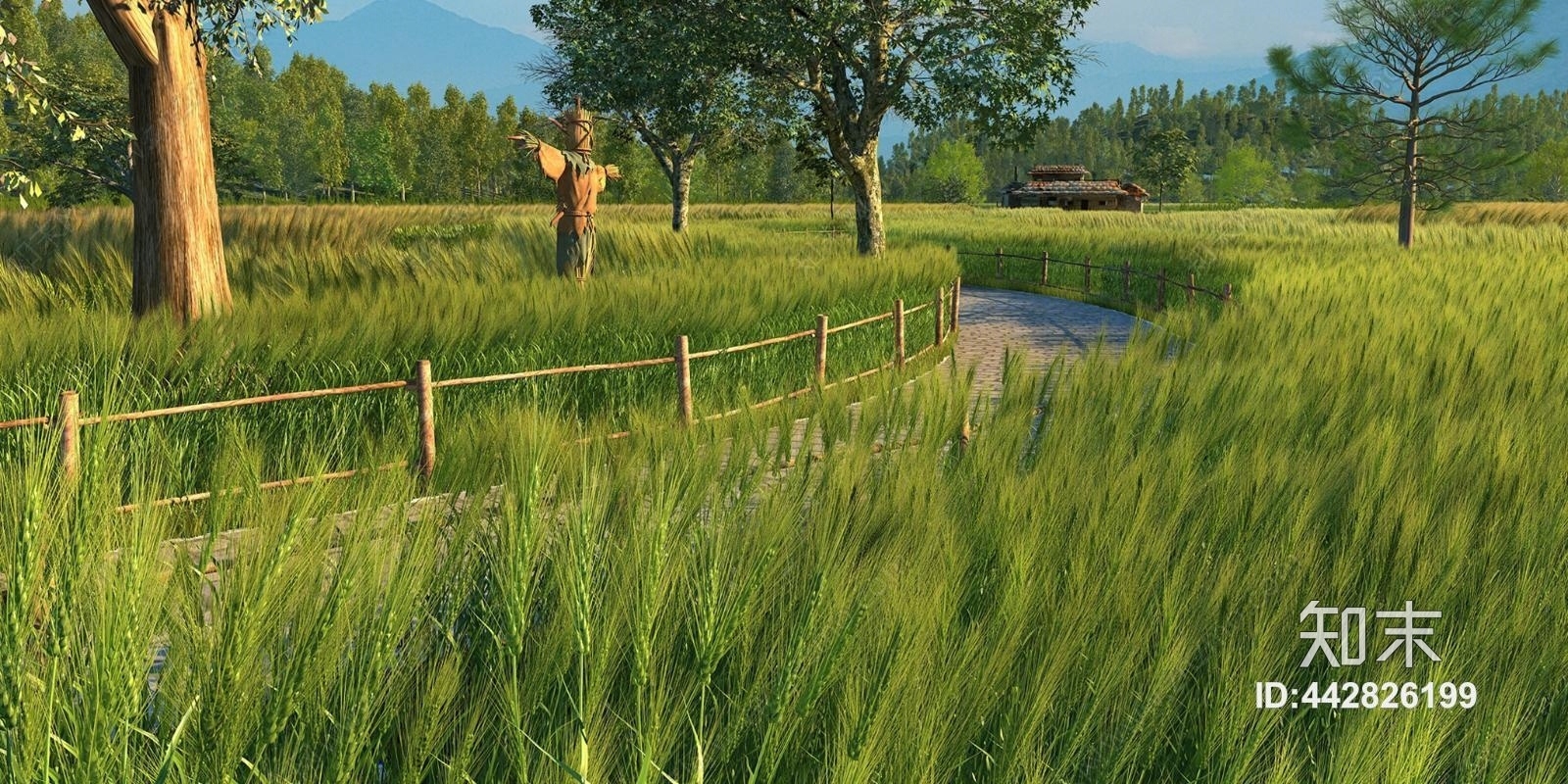 现代自然风乡村麦田景观3D模型下载【ID:442826199】