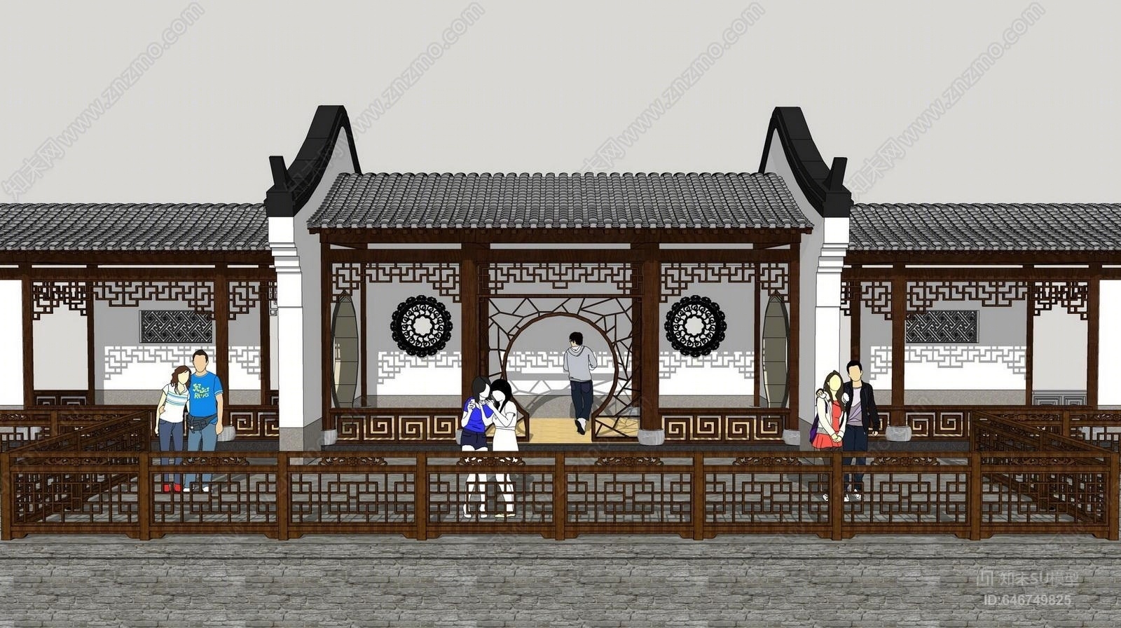 中式古典滨水长廊SU模型下载【ID:646749825】