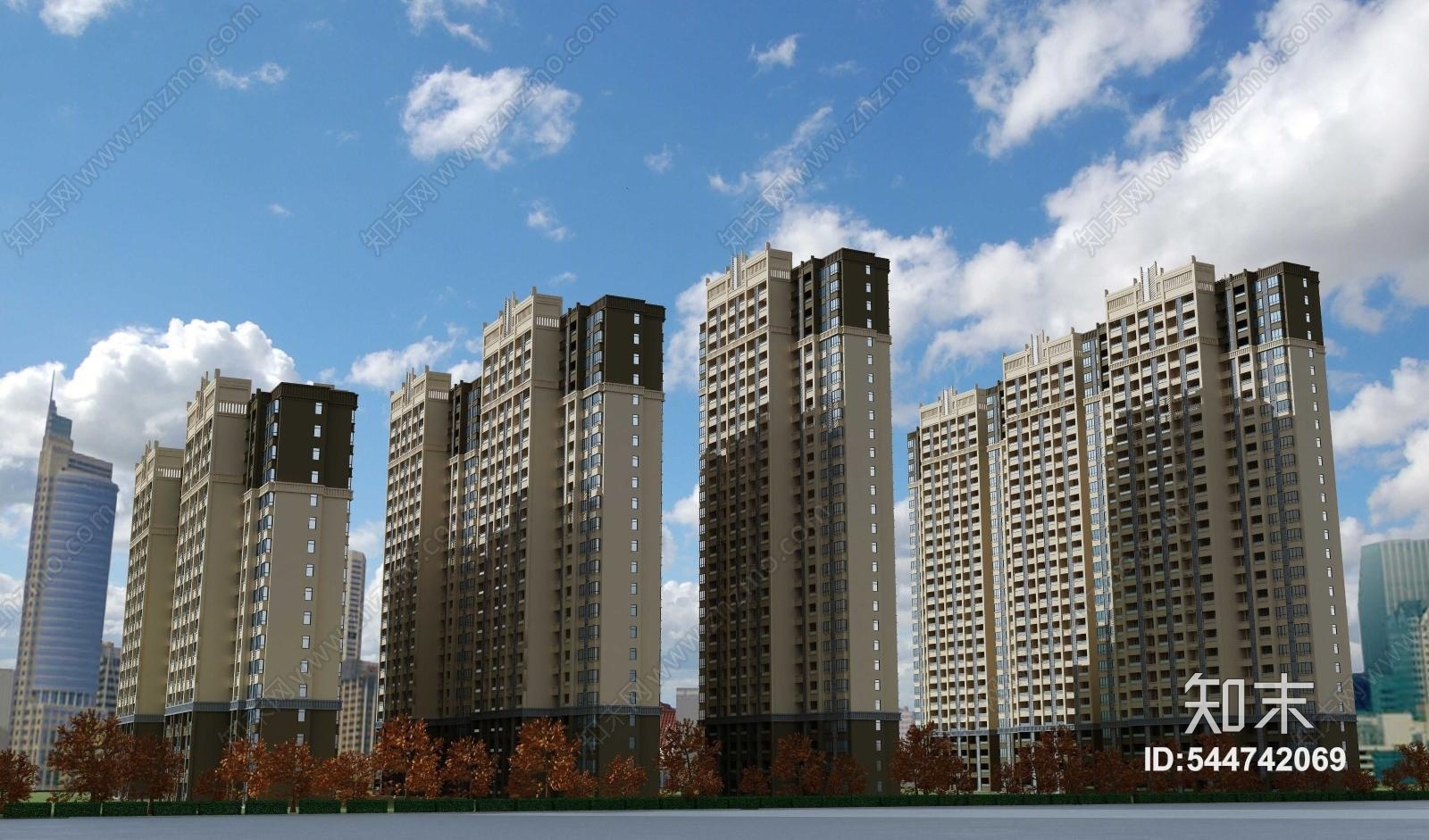 现代居民小区高楼住宅楼3D模型下载【ID:544742069】