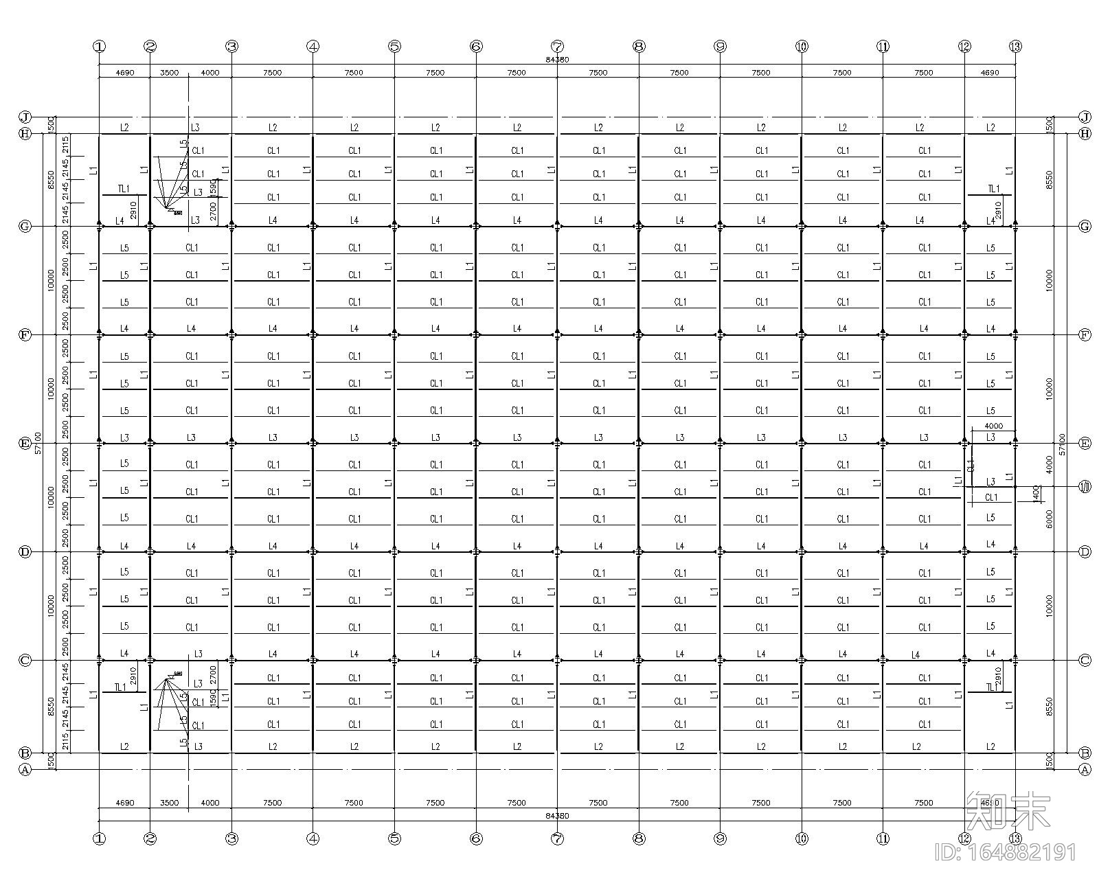 三层钢结构厂房桁架屋面施工图（CAD）cad施工图下载【ID:164882191】