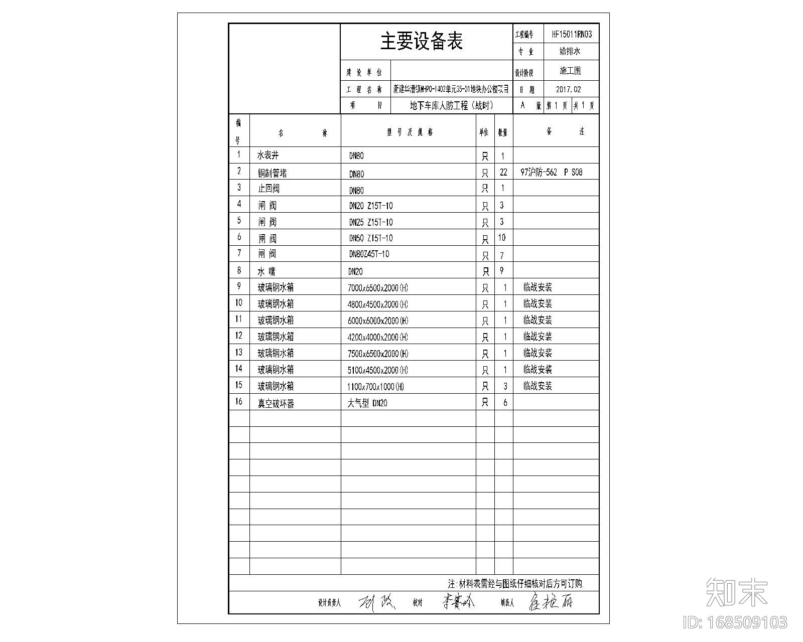 上海市华漕镇地下车库民防工程给排水施工图cad施工图下载【ID:168509103】