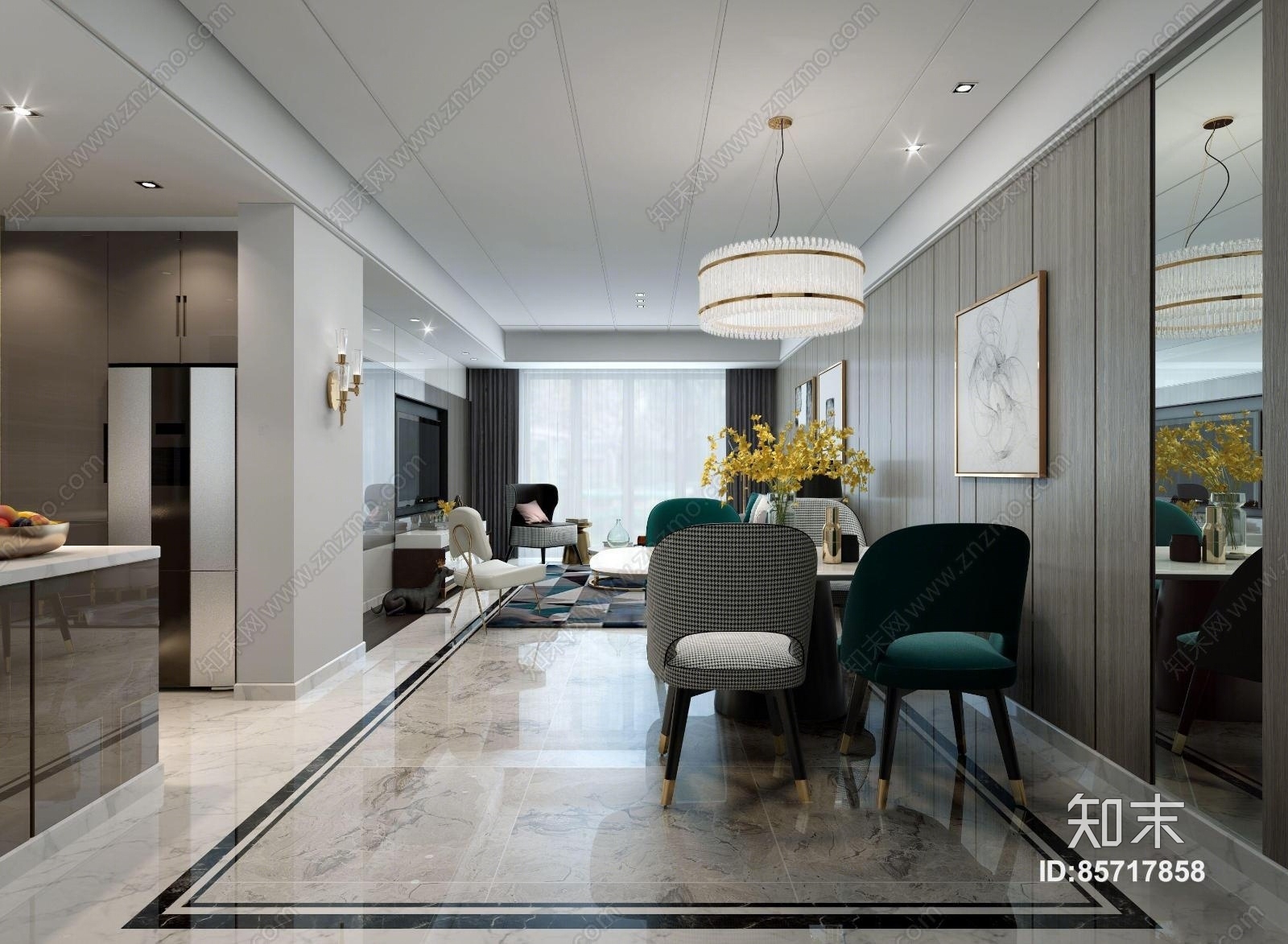 现代简约客厅餐厅3D模型下载【ID:85717858】
