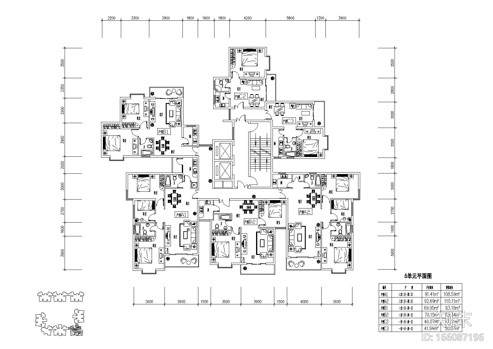 高层住宅组合户型平面图施工图下载【id:166087196】