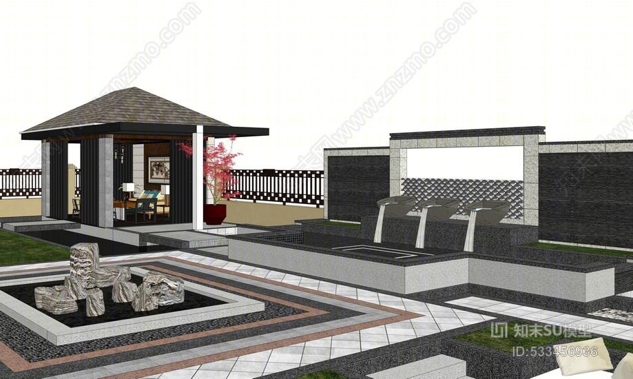 欧式庭院景观SU模型下载【ID:533456936】