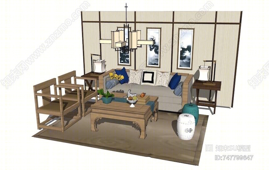 新中式沙发茶几组合SU模型下载【ID:747799647】