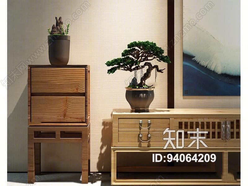 新中式电视柜植物松树盆栽3D模型下载【ID:94064209】