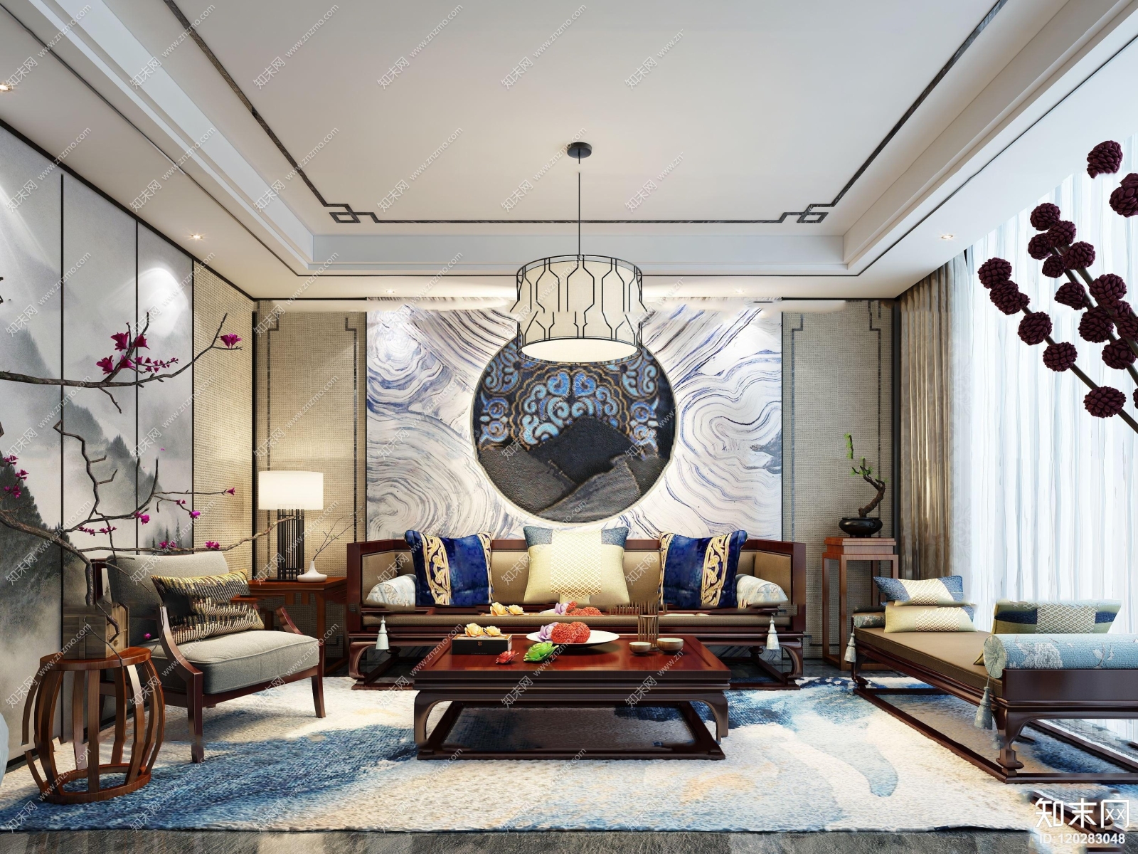 新中式沙发椅吊灯装饰画茶几装饰品背景墙组合3D模型下载【ID:120283048】
