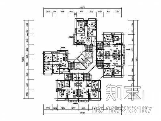 某高层住宅一梯六转角户型平面图（63、75、86平方米）施工图下载【ID:167253187】