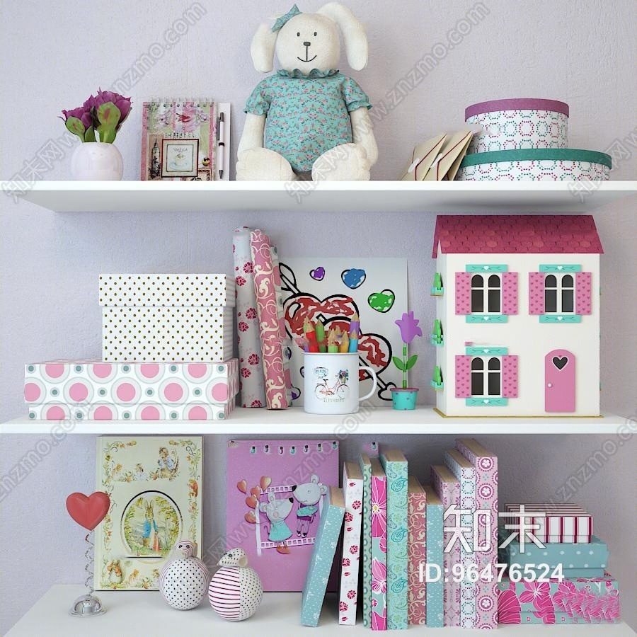现代儿童书籍置物架组合3D模型下载【ID:96476524】