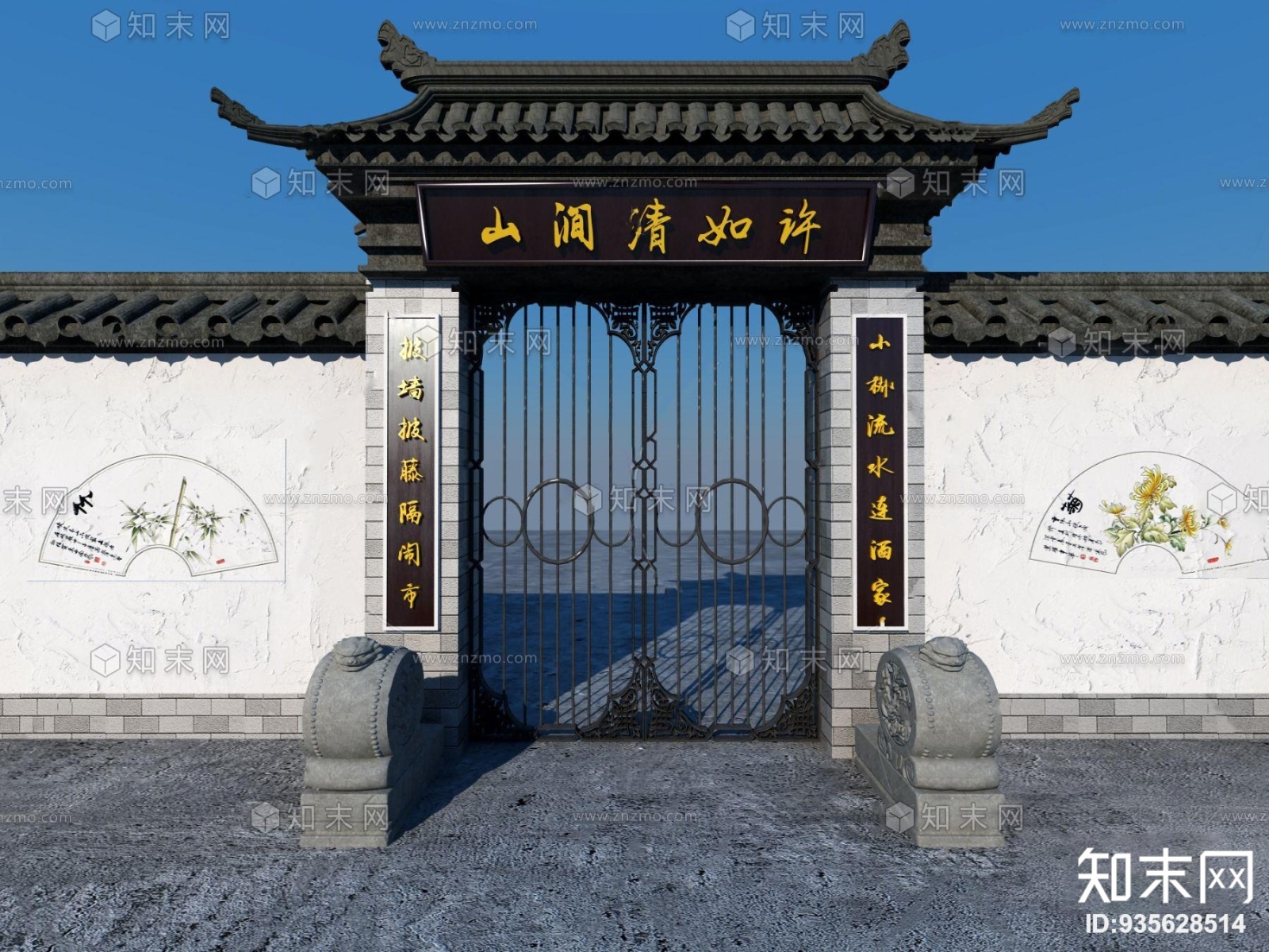 中式围墙院门3D模型下载【ID:935628514】