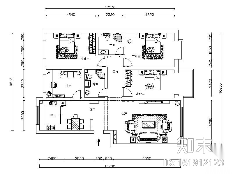 家装四居室装修图cad施工图下载【ID:161912123】