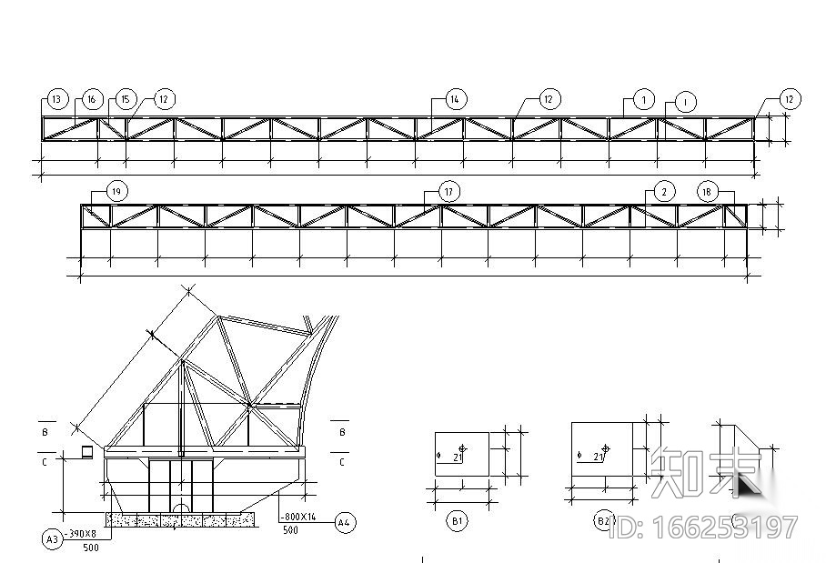 25套屋盖钢桁架结构详图设计cad施工图下载【ID:166253197】