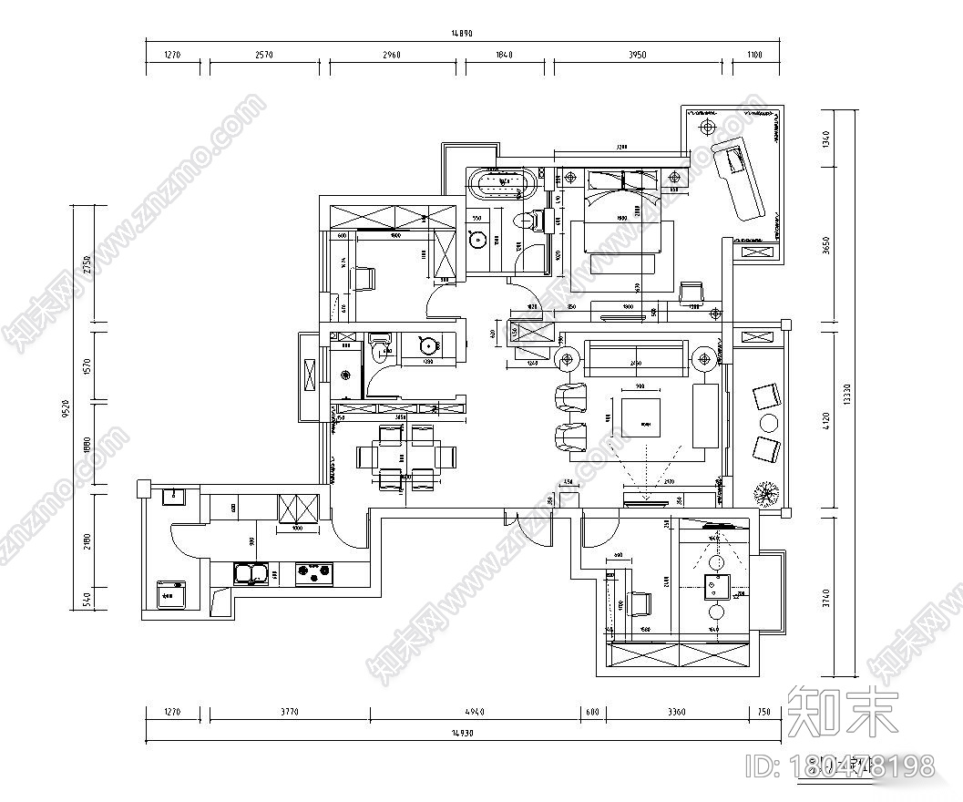 129㎡三室两厅平层公寓装修施工图设计cad施工图下载【ID:180478198】