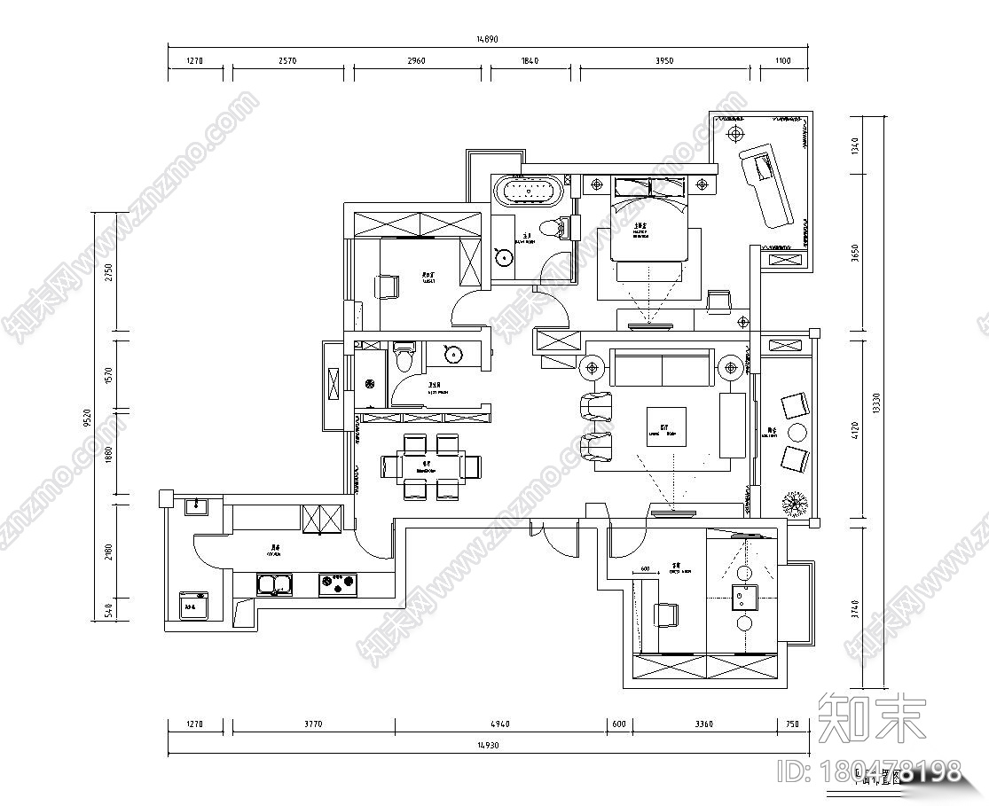 129㎡三室两厅平层公寓装修施工图设计cad施工图下载【ID:180478198】