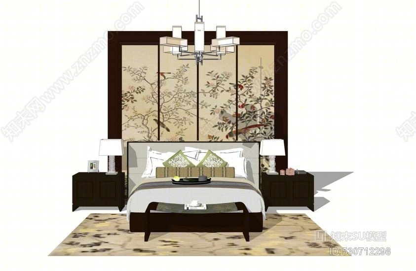 新中式双人床SU模型下载【ID:530712298】