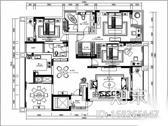 [重庆]某欧式大户型四居室平面图cad施工图下载【ID:168365147】