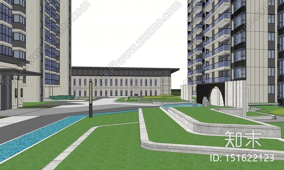 现代小区入户景观SU模型下载【ID:151622123】