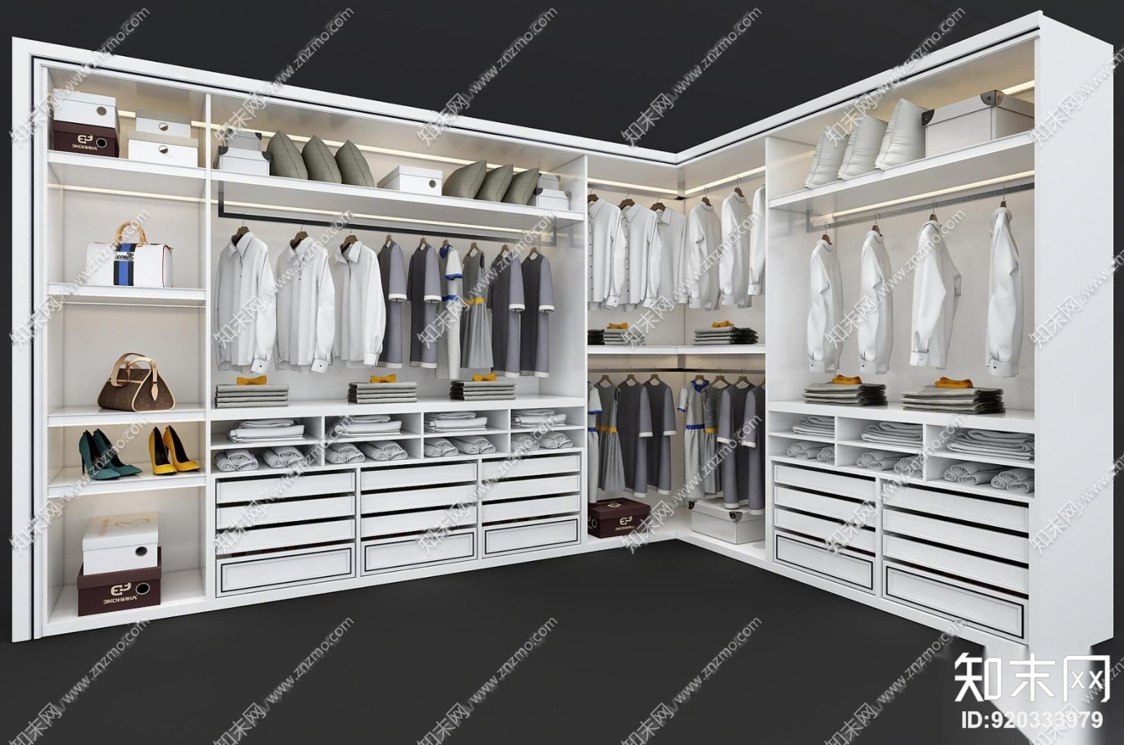现代实木转角衣柜服饰组合3D模型下载【ID:920333979】