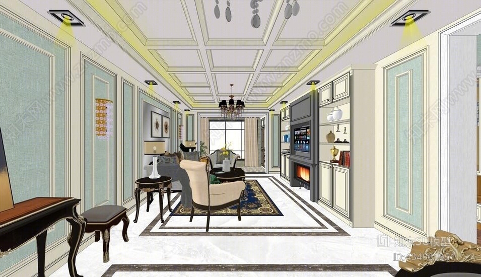 欧式风格三房两厅室内设计SU模型下载【ID:434661951】