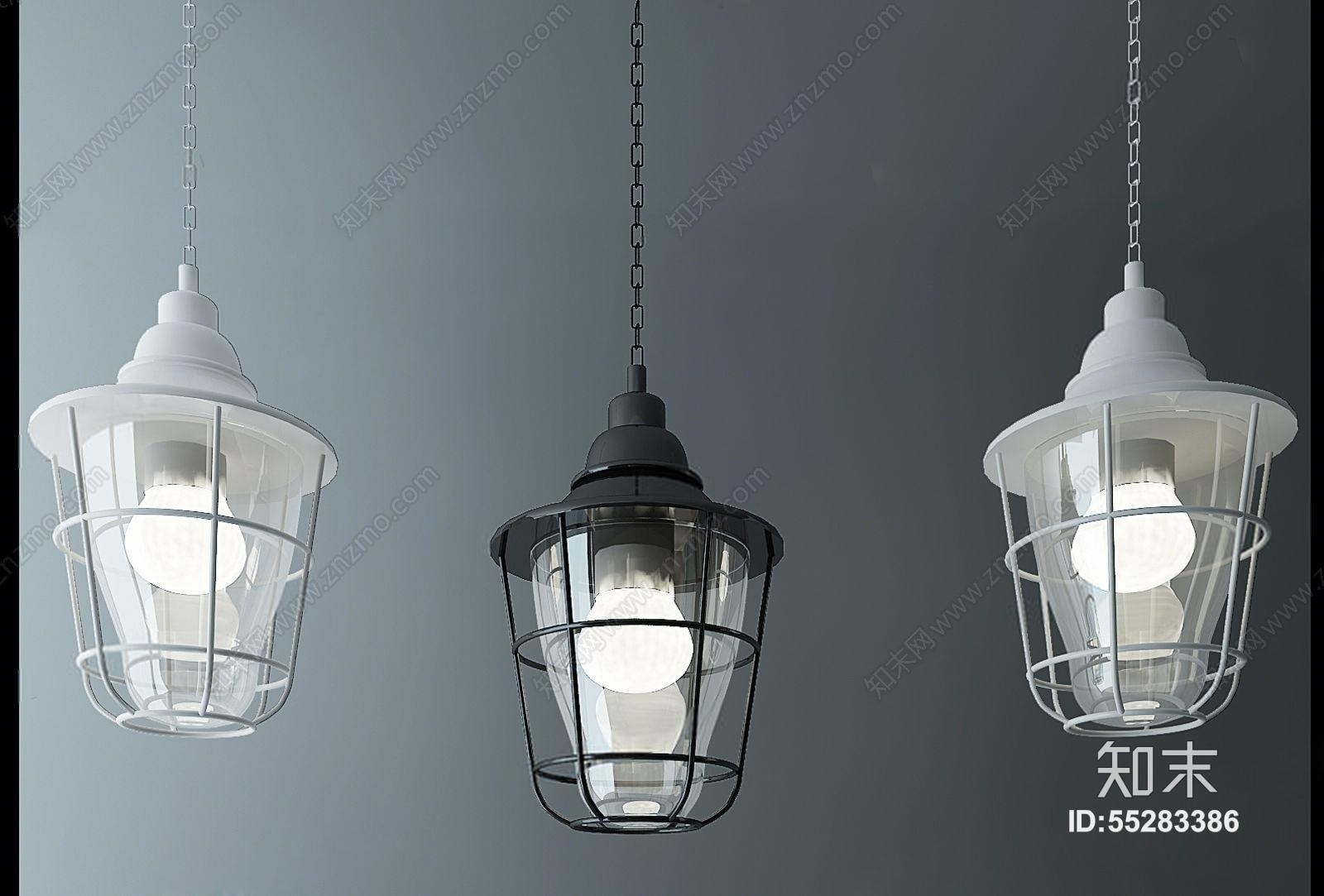 铁艺玻璃工业吊灯组合3D模型下载【ID:55283386】