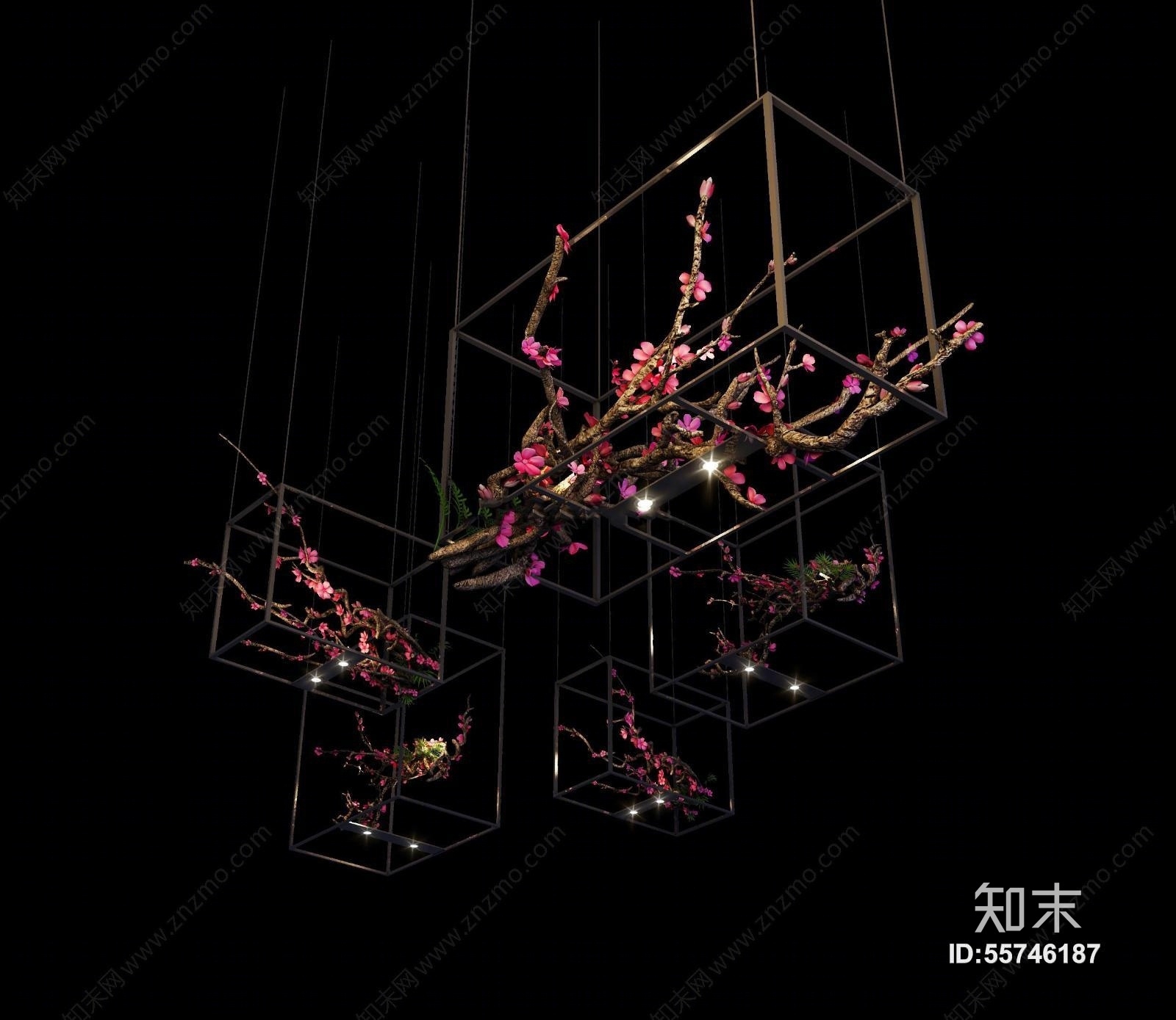 现代梅花枝铁艺吊灯3D模型下载【ID:55746187】