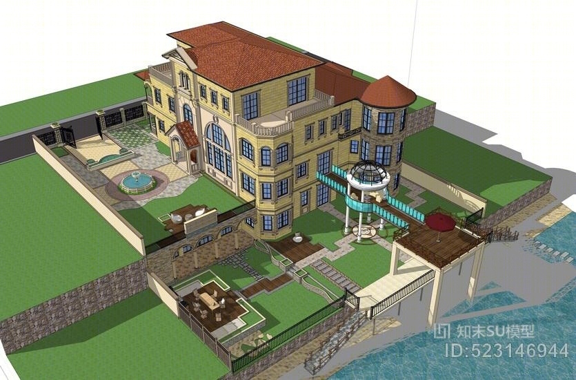 欧式独栋别墅庭院景观SU模型下载【ID:523146944】