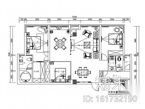 欧式三居室住宅空间装修图施工图下载【ID:161732190】
