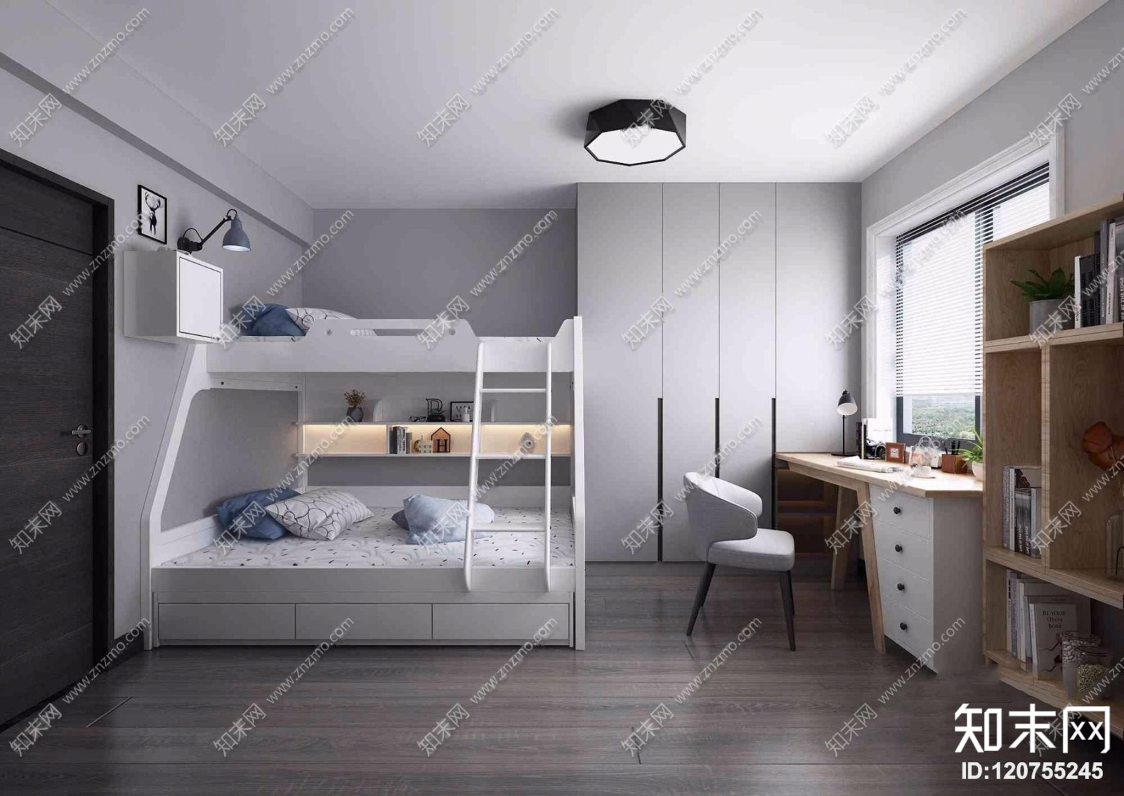 北欧儿童房上下铺卧室3D模型下载【ID:120755245】