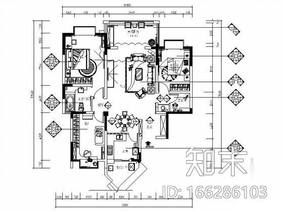 [四川]现代中式三居室装修CAD施工图（含效果）施工图下载【ID:166286103】