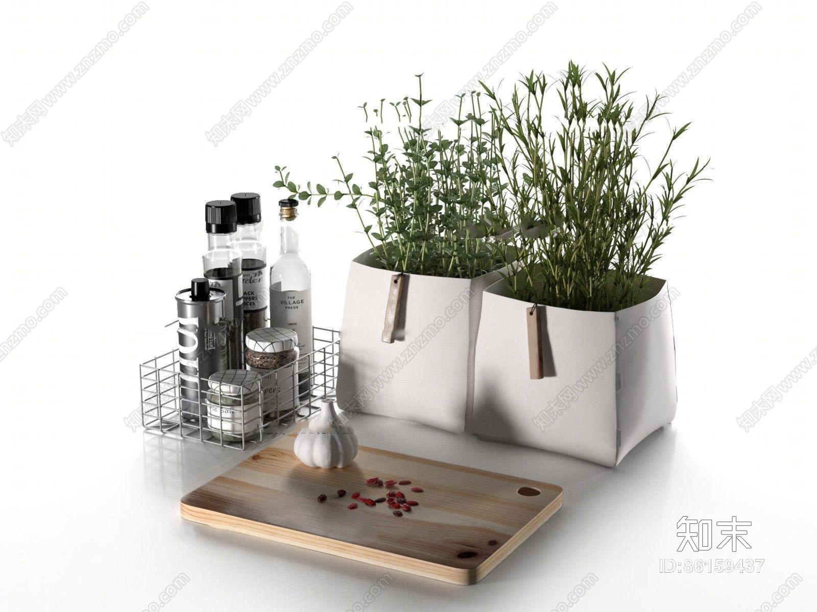 现代酒水调料菜板盆栽组合3D模型下载【ID:86159437】
