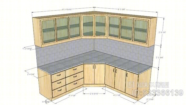 L型厨房橱柜。SU模型下载【ID:523366139】