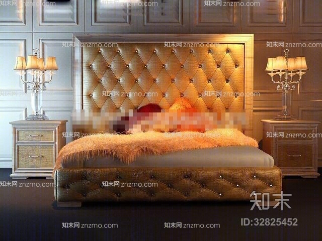 欧式新古典布艺床具组合3D模型下载【ID:32825452】